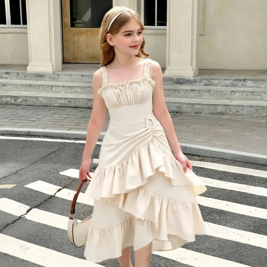 

Custom Formal Dress Girls Champagne Tulle Dress with Asymmetric Ruffle Layered Hem for Flower Girl Wedding Party