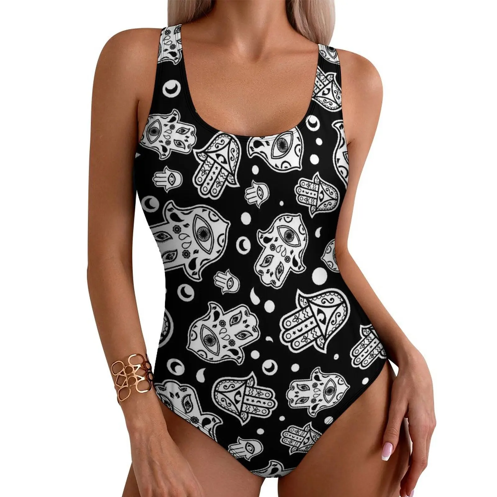 Evil Eye Print Swimsuit Hamsa Hand One Piece Swimwear Push Up Kawaii Bathing Suits Sexy Holiday Surf Graphic Bodysuit