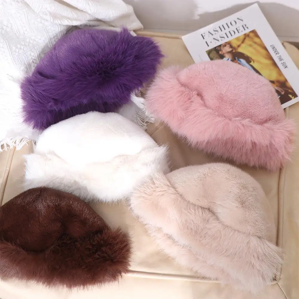 Fashion Korean Faux Fur Bucket Hat Warm Casual Luxury Hat Snowy Day Thicken Winter Fluffy Hats Women