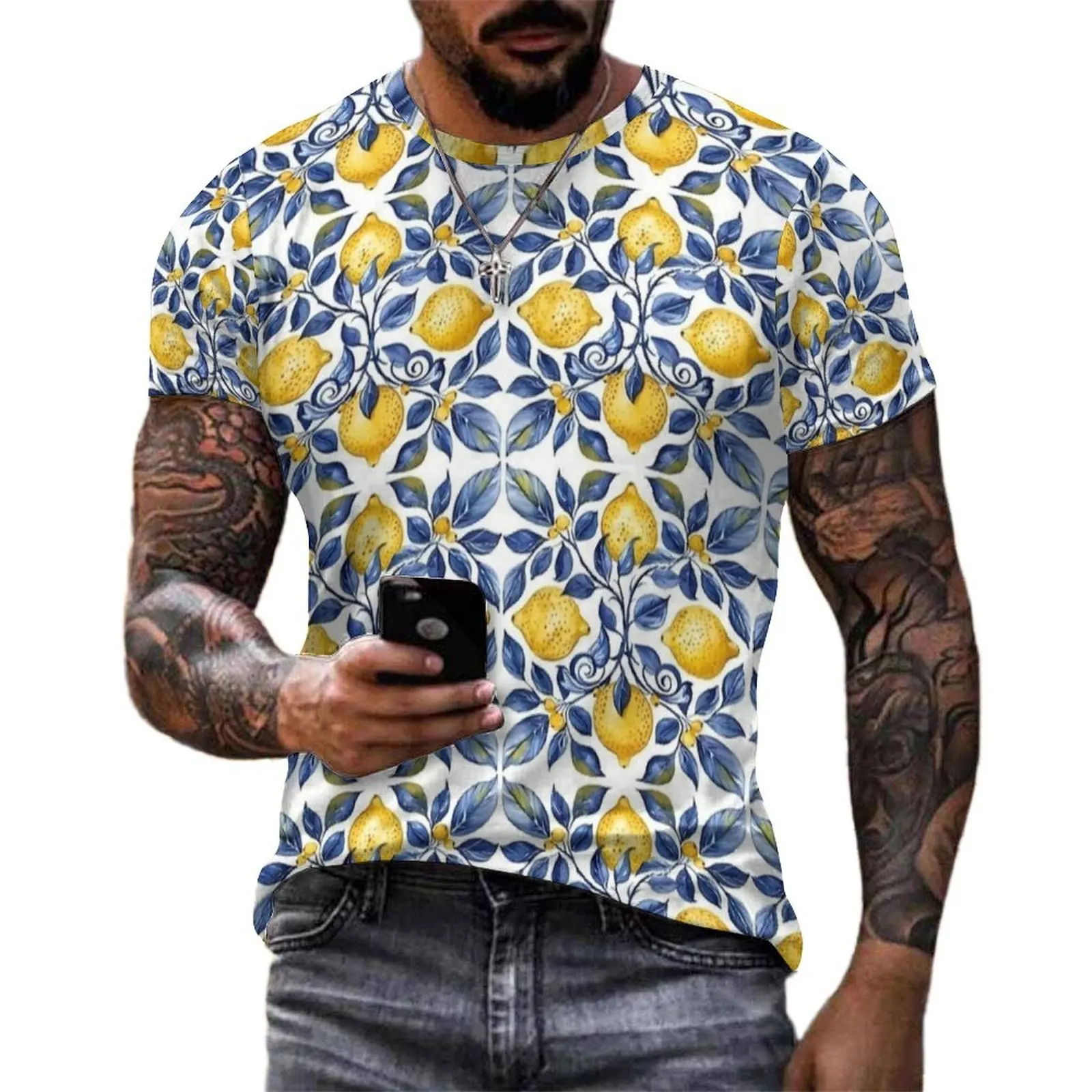 Sicilian Lemon Tile Positano Pattern T Shirt  Novelty T-Shirts Short Sleeve Design Tshirt Hot Sale Summer Casual Oversized Tees