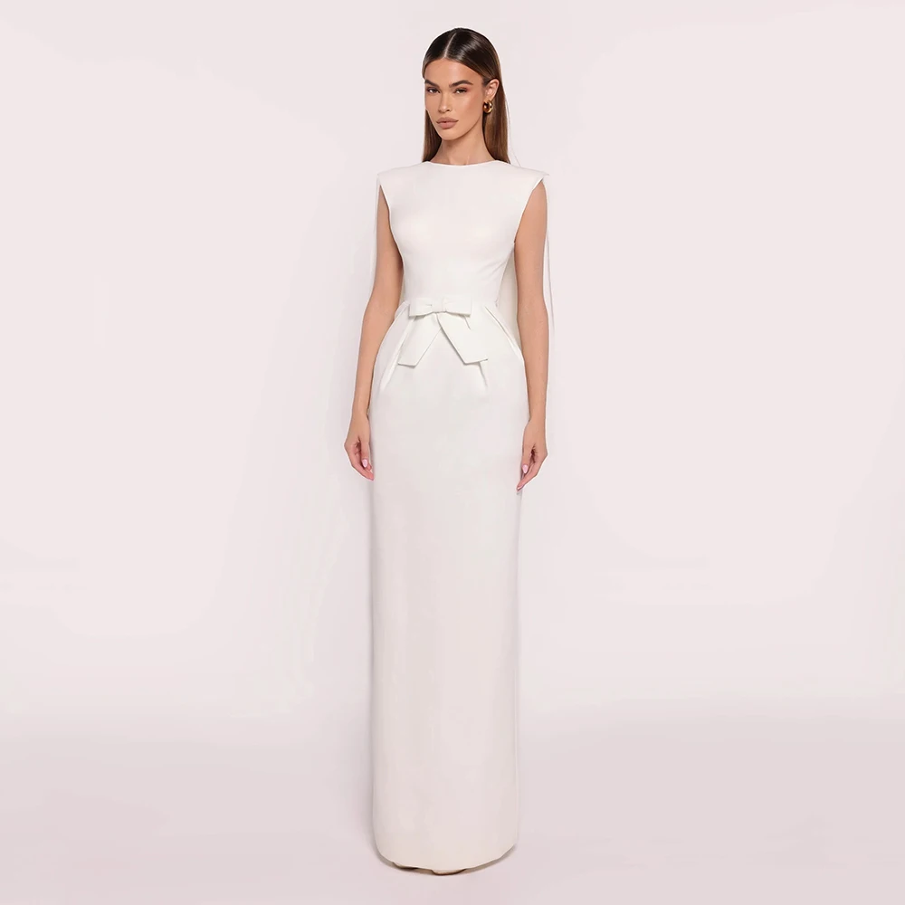 

Simple Evening Dress 2025 O Neck Sleeveless Draped Column Engagement Party Gowns for Women 2025 Bow Floor Length Formal Dresses
