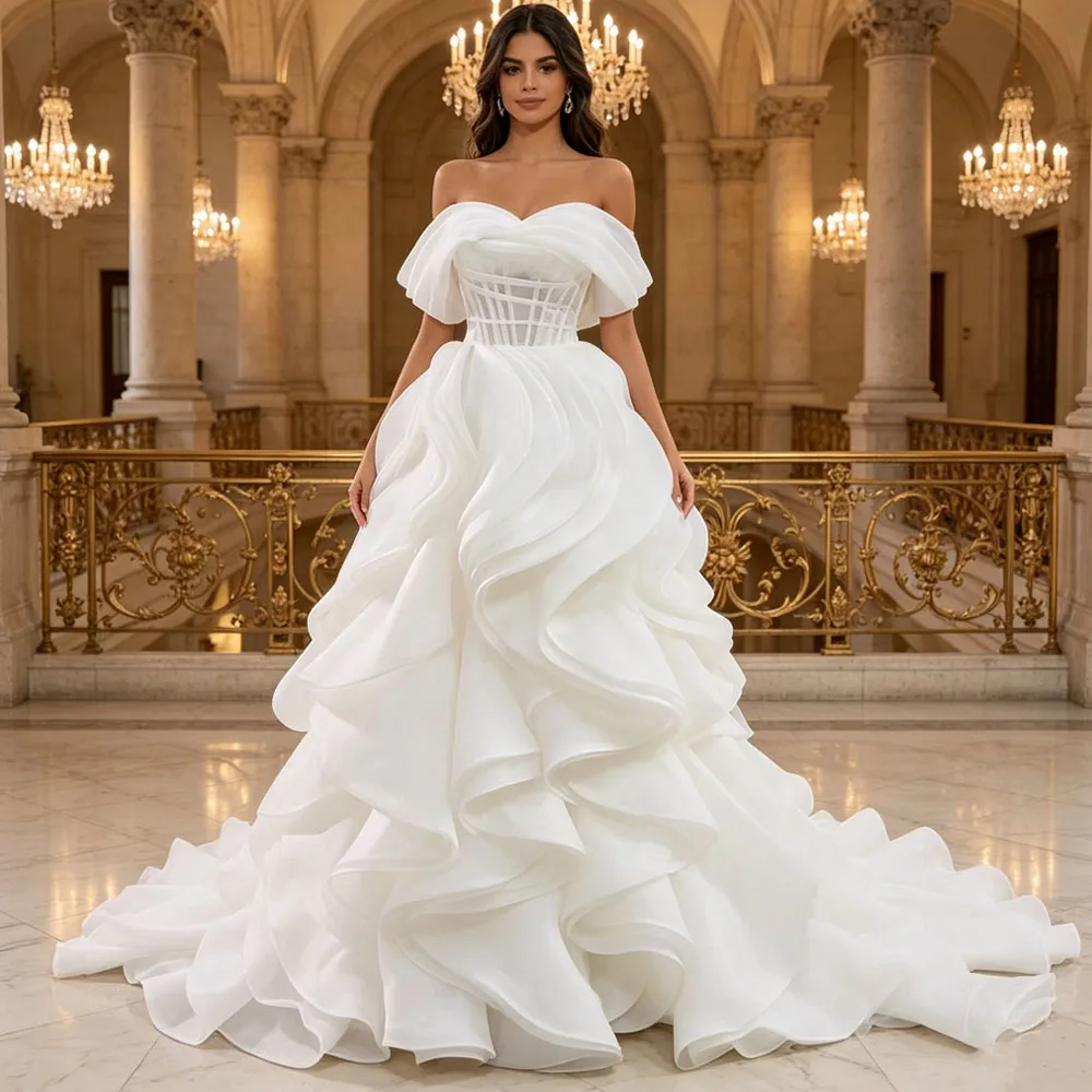 Luxury Sweetheart Off Shoulder Lace Up Back Bridal Dress Ruffles Customized Wedding Dress