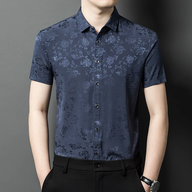 Quality Fabric Mulberry Silk Shirts For Men Short Sleeved Jacquard Summer Cool Thin Skin-Friendly Premium Tops Camisas De Hombre