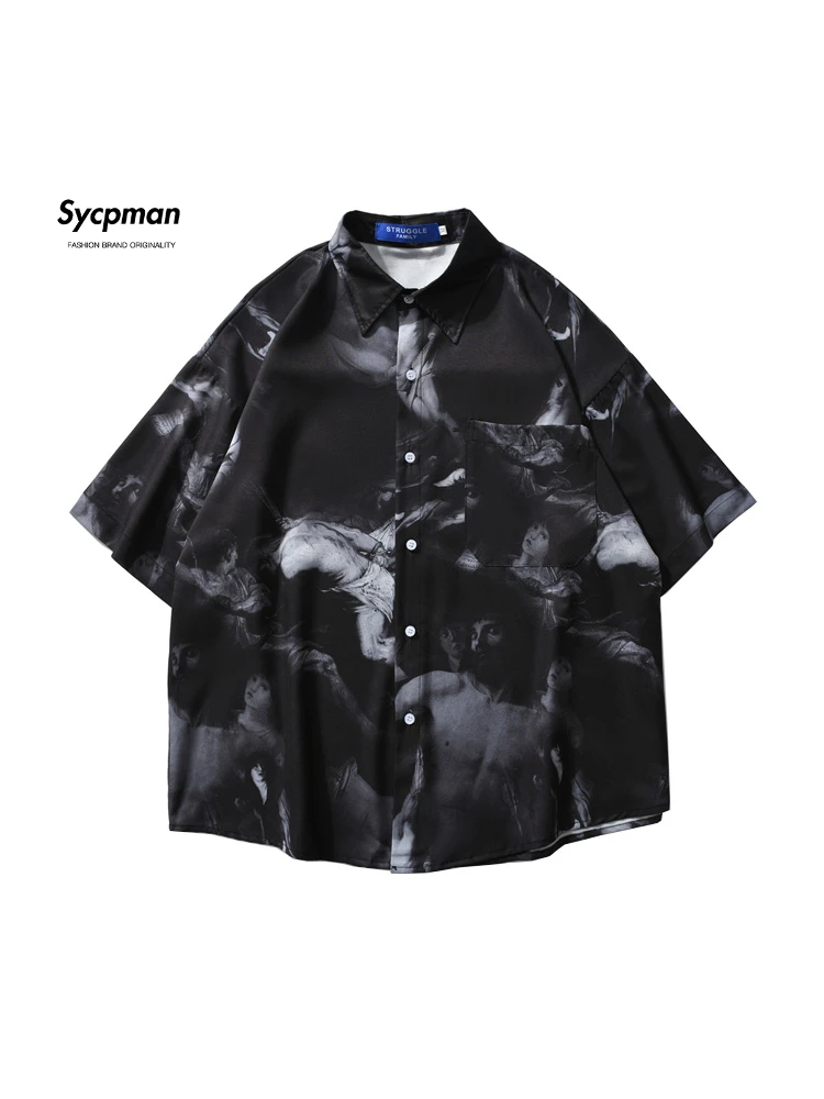 Sycpman เสื้อเชิ้ตแขนสั้นสำหรับผู้ชายและผู้หญิง, เสื้อเชิ้ตฮาวายทรงหลวมพิมพ์ลายทันสมัยฤดูร้อน