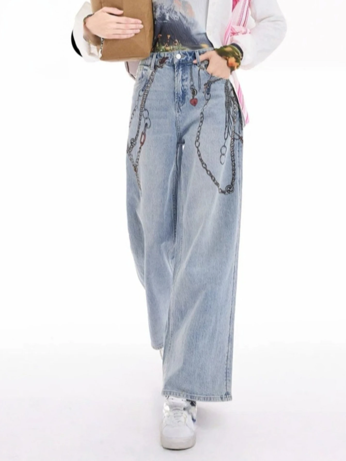 

2026 European and American women's denim jeans, trendy street printed loose straight-leg pants, hot girl wide-leg denim jeans