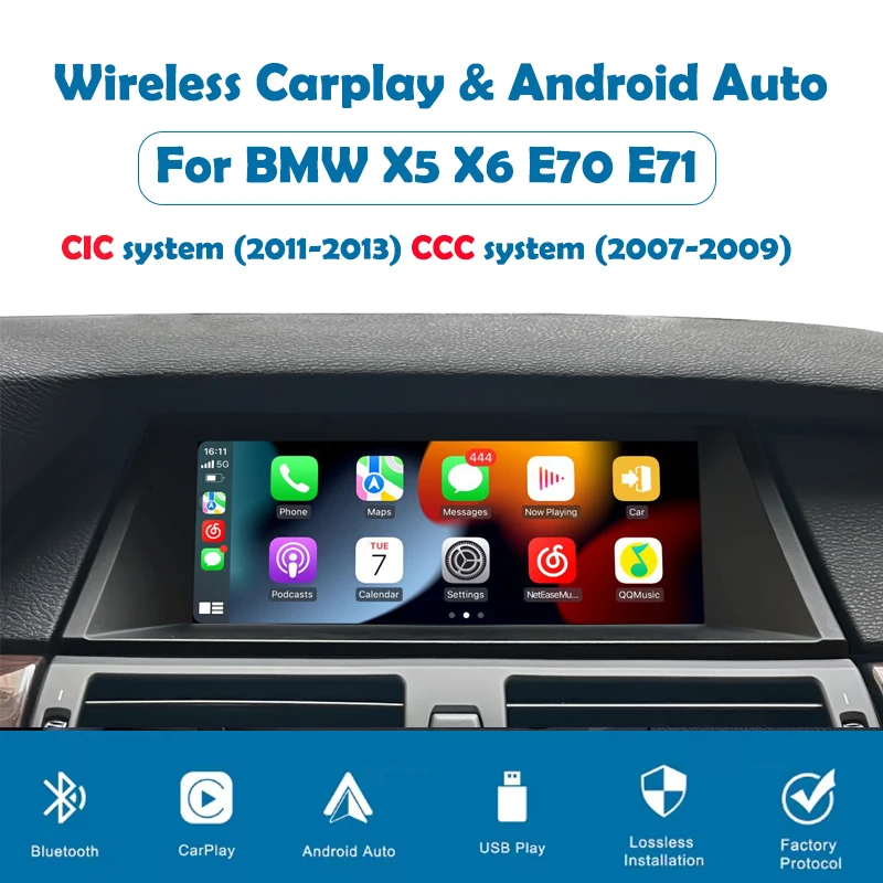 

Wireless Carplay Android auto Interface For BMW X5 E70 X6 E71 X5M X6M Original Screen Upgrade CarPlay Function Reversing Camera