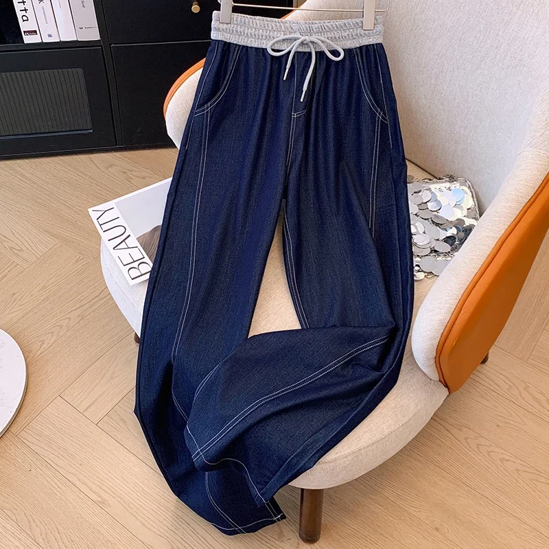 Patchwork Wide Leg Ice Silk Jeans Women Summer Soft High Waist Pants Femme Thin Loose Casual Trousers Cool Denim Pants A763