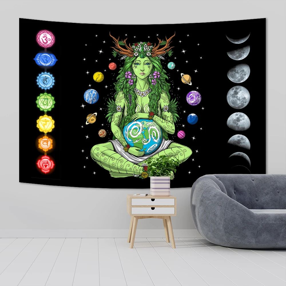 

Green Girl Seven Chakras Boho Tapestry Wall Hanging Abstract Psychedelic Witchcraft Art Boho Dorm Living Room Home Decor