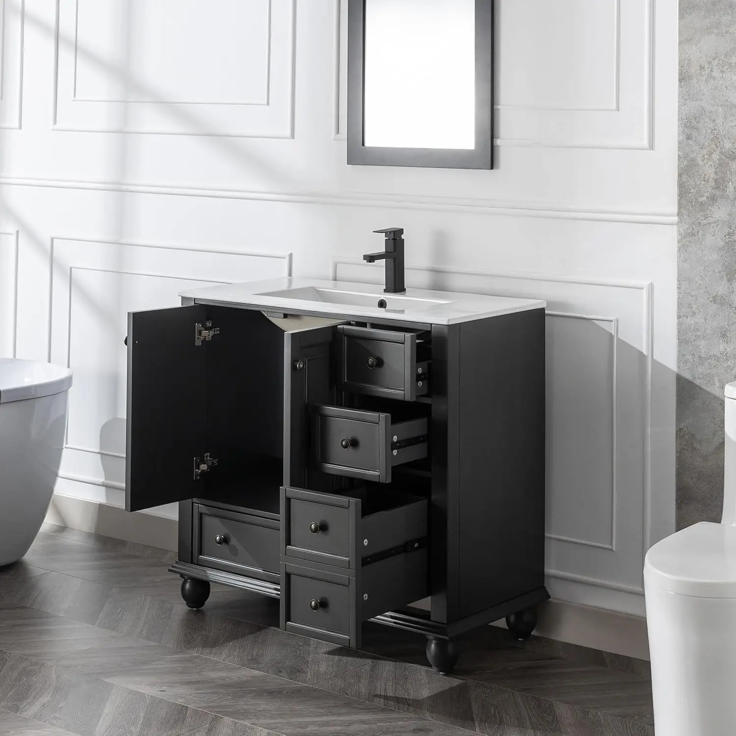 塗装無垢材のバスルームシンク,レトロな洗面化粧台,ひょうたん脚付きの収納キャビネット,ビンテージスタイル,36インチ