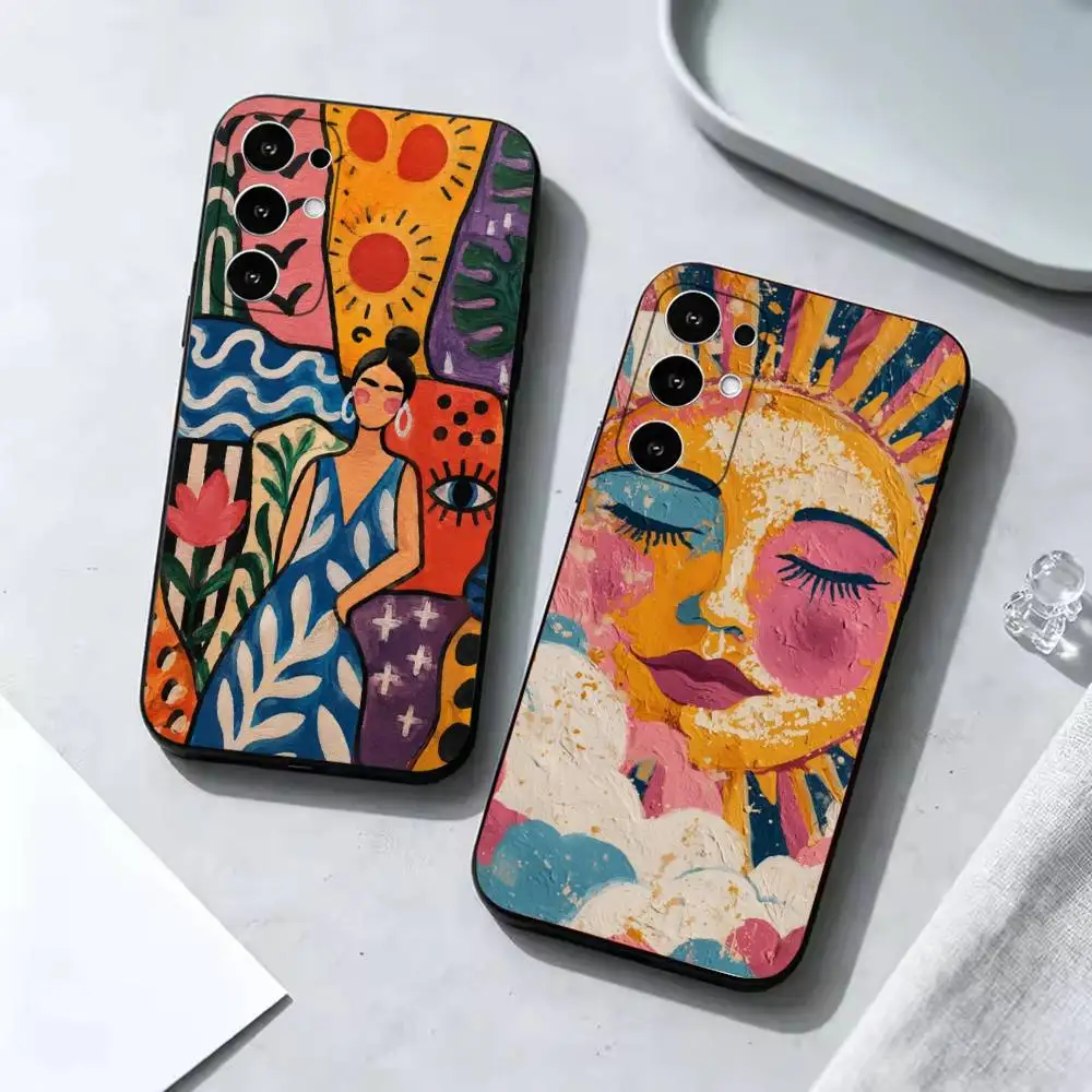 Boho Art Shockproof Black Cell Phone Cover, Fit for Samsung S20,S21,S22,S23,S24,S25,S26,Ultra,Plus,FE,Lite