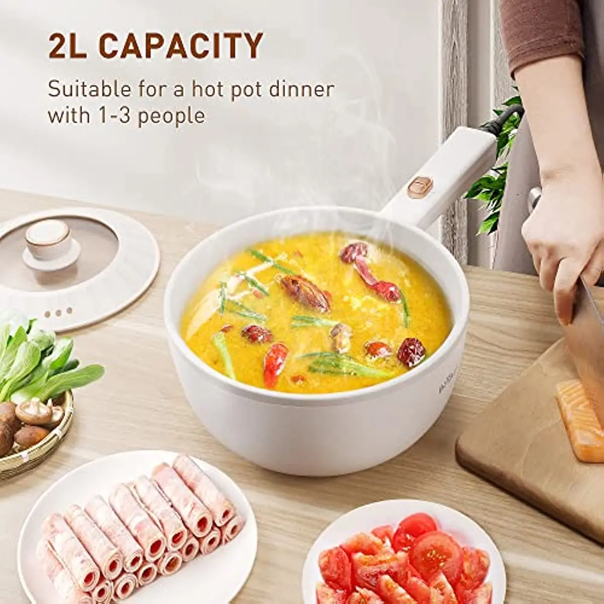 2L Electric Hot Pot Non-Stick Saut Pan Rapid Noodles Cooker for Steak Egg Fried Rice Ramen Oatmeal Soup with Power Adiustable