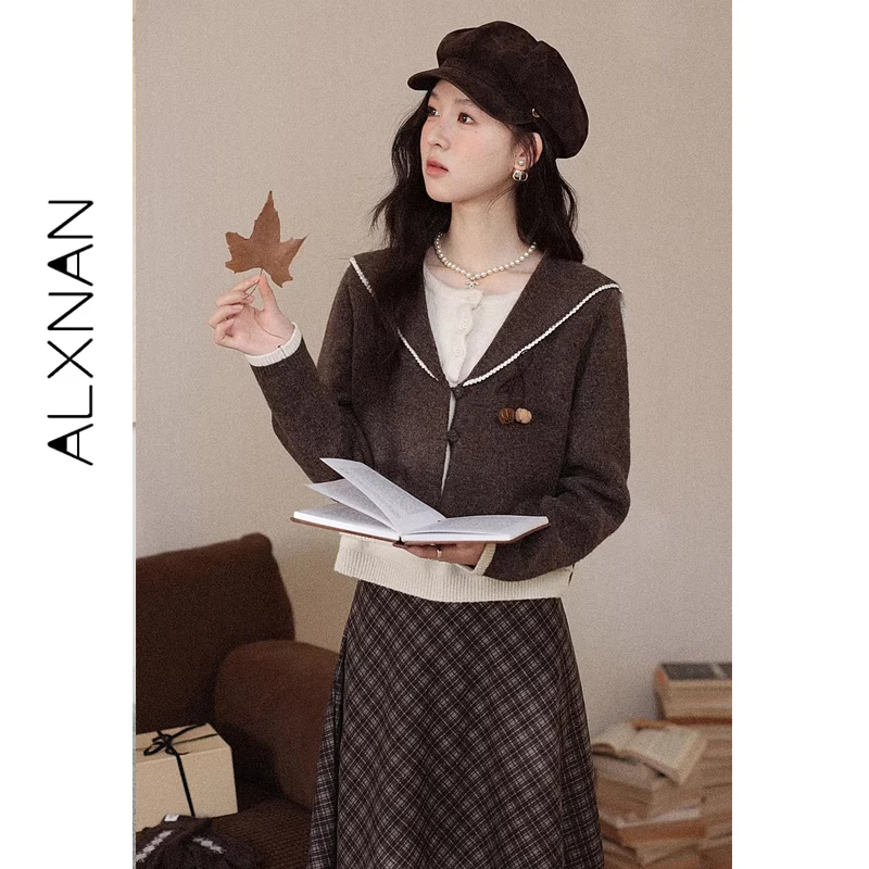 

ALXNAN женский вязаный свитер осень-зима водолазка с двумя темно-синими воротниками дизайн пуловер теплый повседневный свободный джемпер DYL662223