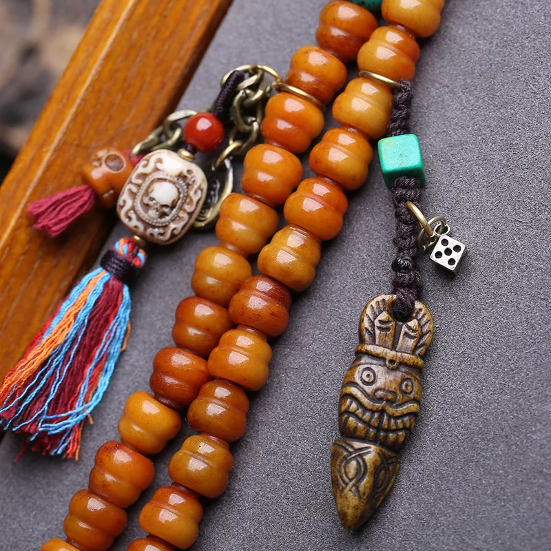 Necklace Bracelet Tibetan Yak Carving Gourd 108 Beads Bone Formless Buddha Three-