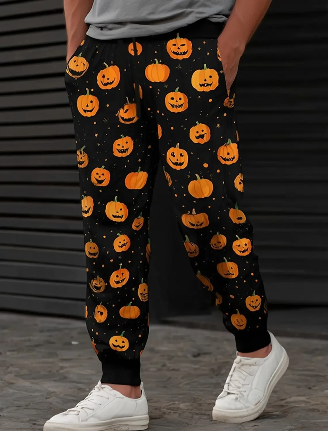 Herren-Halloween-Jogginghose mit gruseligem Kürbis-Motiv, 3D-Druck, Kordelzug, Taschen, gestreifte Bündchen, lässige Party-Streetwear-Hose – Detail 5