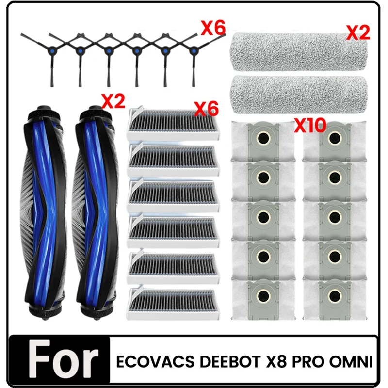 

A13R-26PCS For Ecovacs Deebot X8 Pro Omni Vacuum Cleaner Parts Replacement Roller Hepa Side Brush Filter Dust Bag