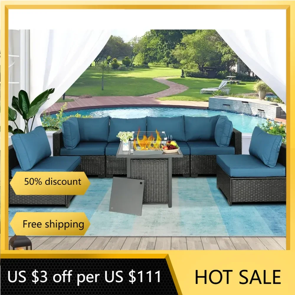 

Patio Furniture Sets Outdoor Sectional PE Rattan Outdoor Furniture Patio Conversation Set ，7 pcs w/Fire Table