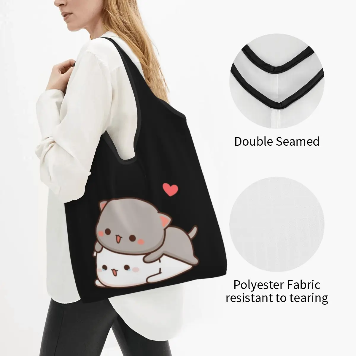 Custom Peach And Goma Groceries Shopping Bag Shopper Tote Shoulder Bag Big Capacity Portable Cartoon Couple Mochi Cat Handbag