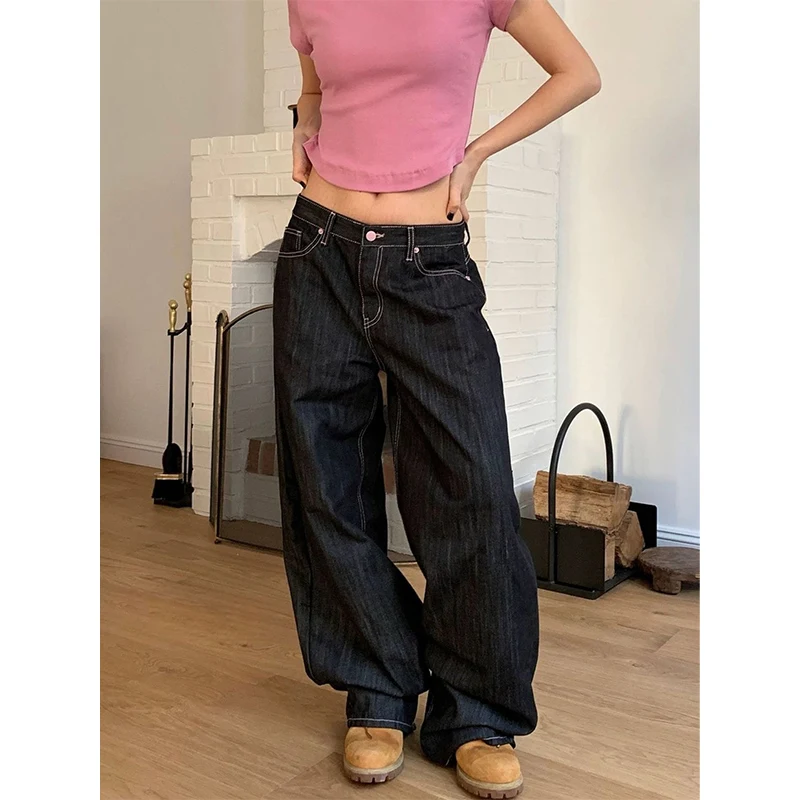 Women Vintage Love Print Baggy Jeans 2025 Autumn Harajuku Casual Wide Leg Pants Streetwear Y2K Aesthetic Denim Trousers