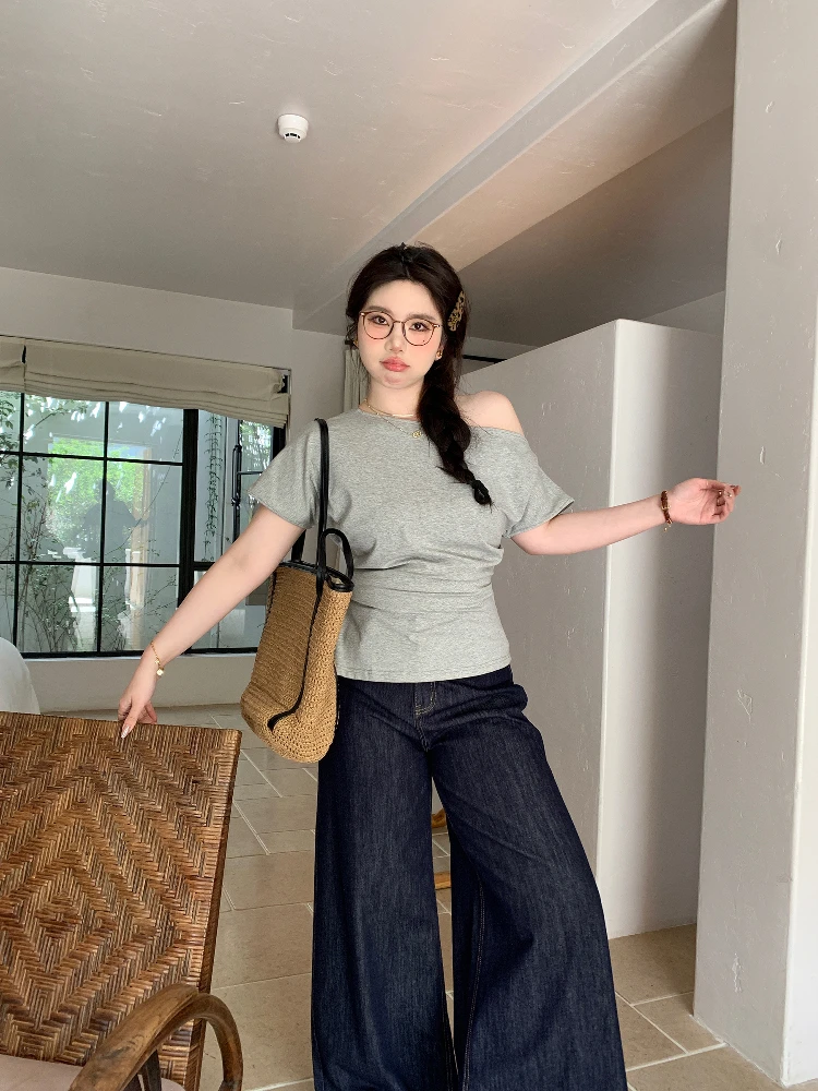 

Comfortable Oversized oulder Bared ort Sve T irt for Plump Women Irregular Large Size Slimming Top Loose Sle Cotton