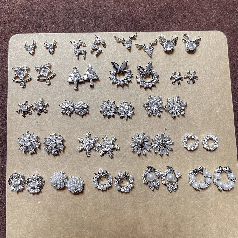 3PCS Glitter Zircon Christmas Elk Garland Snowflake Tree Silver Alloy Nail Art Rhinestones Decorations Manicure X'mas Charms