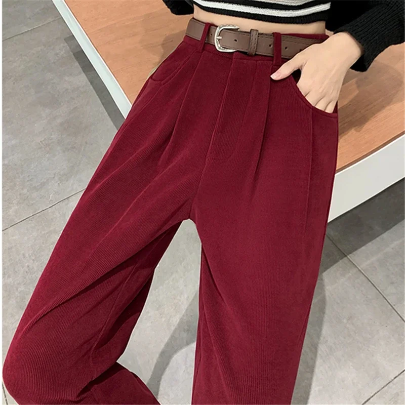 

Autumn Winter Cashmere High Waist Women's Full Wide Leg Pants with Belted 2024 Female Elegant Minimalism Straight Loose Trousers