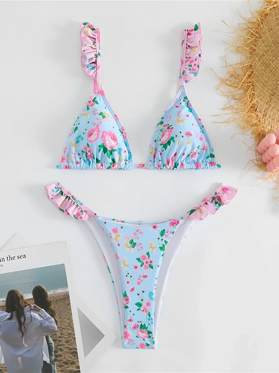 2025 Costume da bagno bikini a triangolo con stringhe posteriori floreali in due pezzi Costumi da bagno donna Bagnanti femminili Costume da bagno Costume da bagno da bagno Beachwear