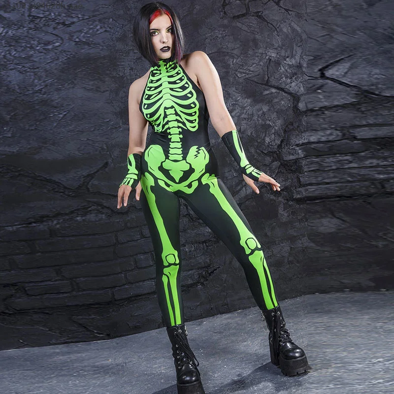 Комбинезон с 3D принтом в стиле киберпанк и черепом, женский тонкий боди со скелетом, женский комбинезон на Хэллоуин, фестиваль, вечеринка, клубная одежда