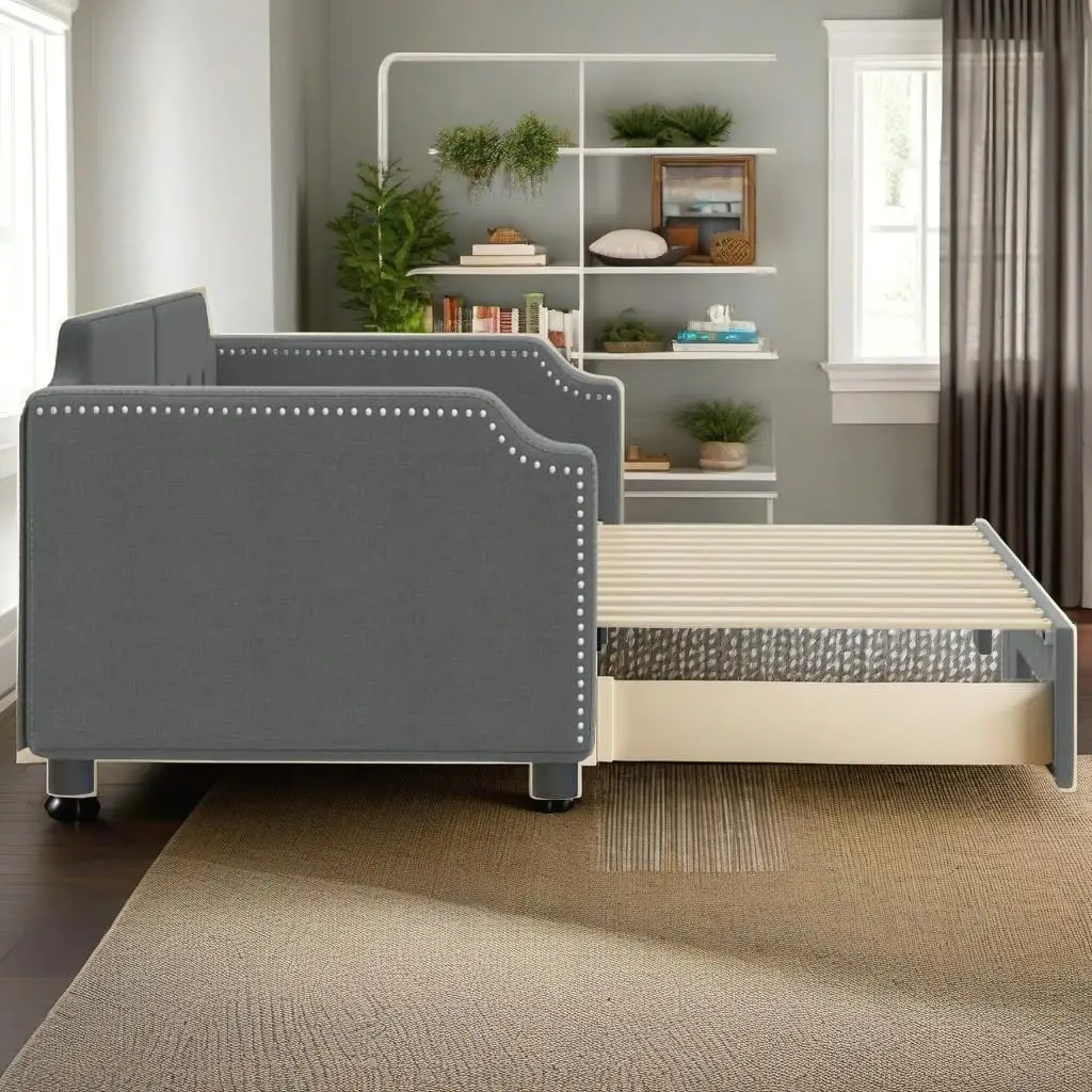 Dark Gray Daybed with Trundle - No Mattress Included, 39.4x74.8 for Space-Saving Sleep Solutions