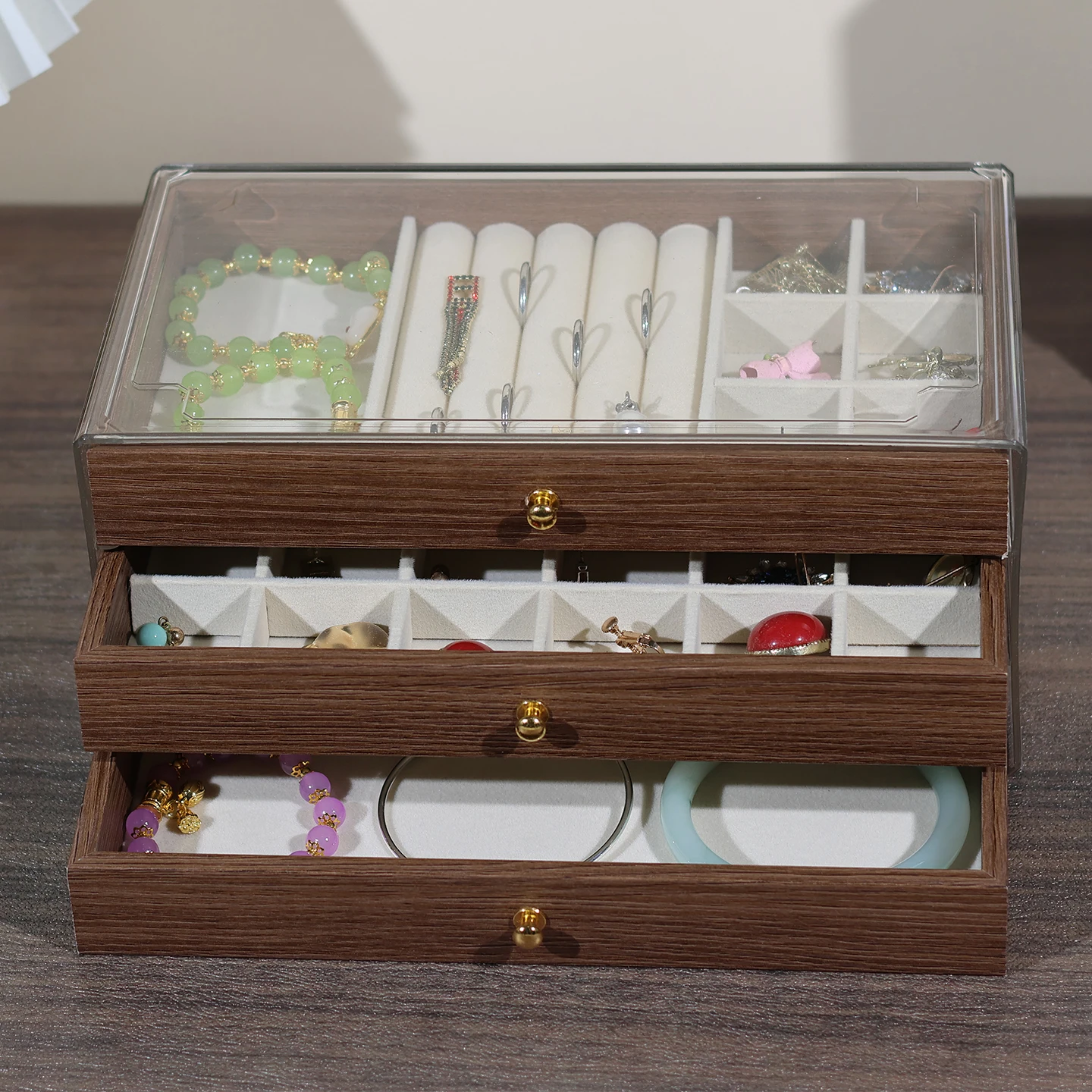 

Трехслойная шкатулка для хранения ювелирных изделий, шкатулка для драгоценностей цвета под дерево, серьги, кольца, хранение ожерелий