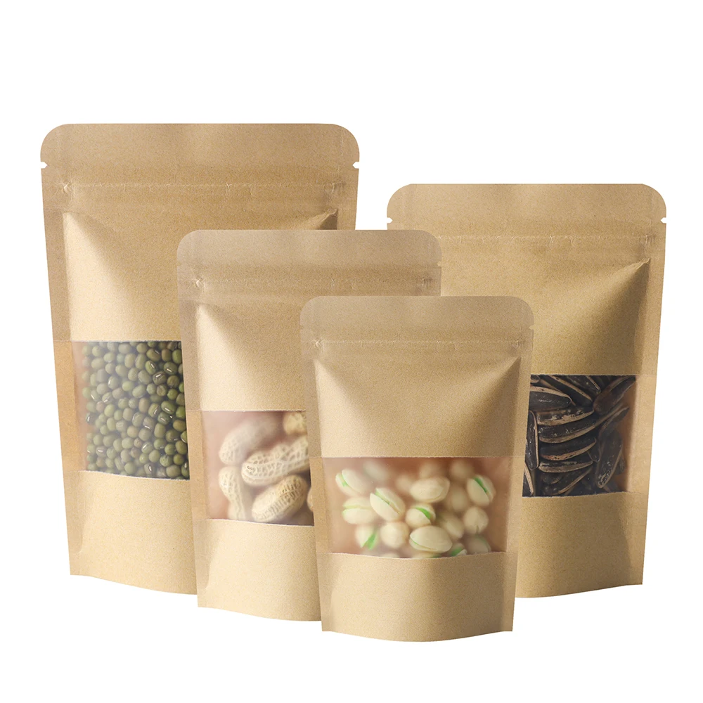 Bulk Packaging Kraft Paper Visible Window Upright Mylar Bags Gift Candy Coffee Bean Packaging Bags Zipper Bone Self-Sealing Bags