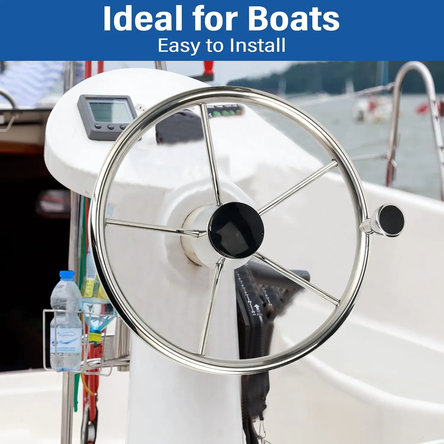 

13.5 inches Boat Stainless Steering Wheel, with Turning Knob 5 Spoke 25 Degree & Center Cap