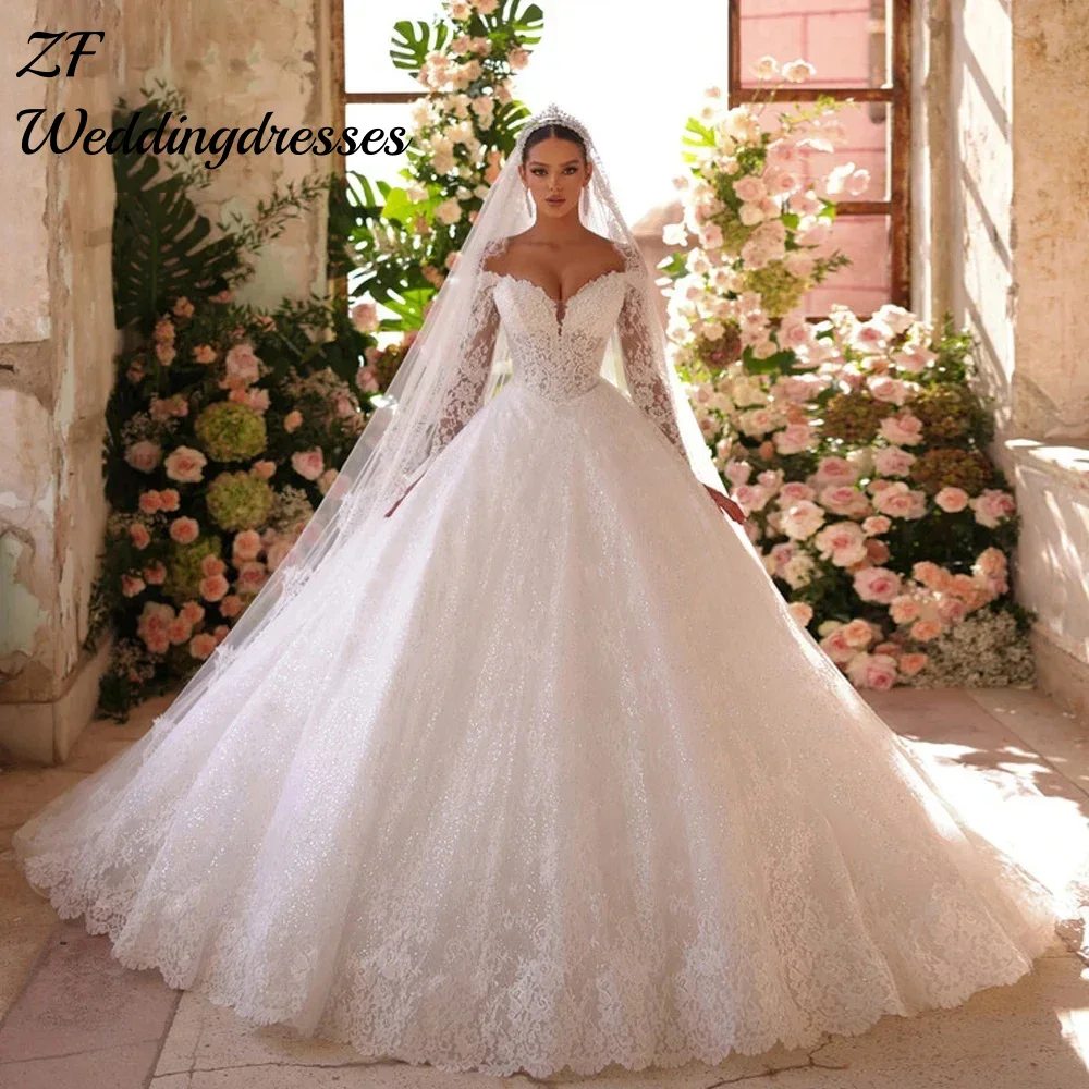Customized  Romantic Ball Gown Off Shoulder Royal Wedding Dresses Long Sleeve Sequined Bridal Gown Vestido De Novia