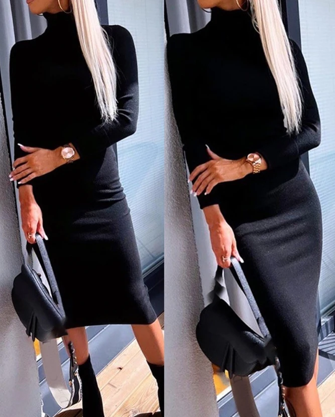 

Women's Solid Color Dress 2024 Autumn Winter Latest Casual High Neck Knit Long Sleeve Sweater Maxi Dress Skinny Daily Long Skirt