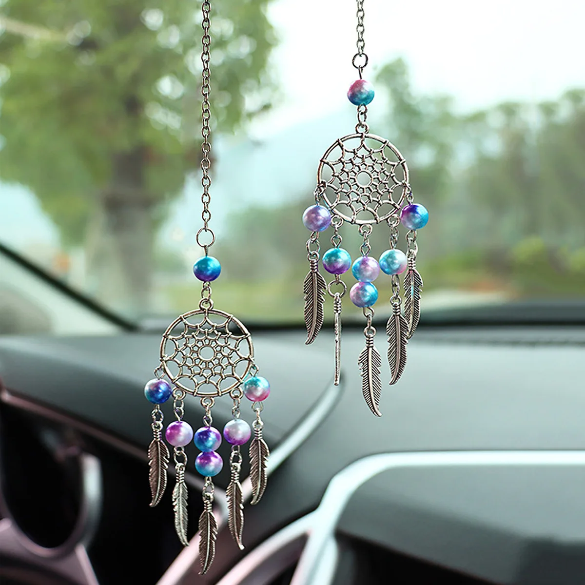 Rear View Mirror Pendant, Butterfly Dream Catcher, Moon Car Interior Pendant, Colorful Bead Wind Chime Car Pendant
