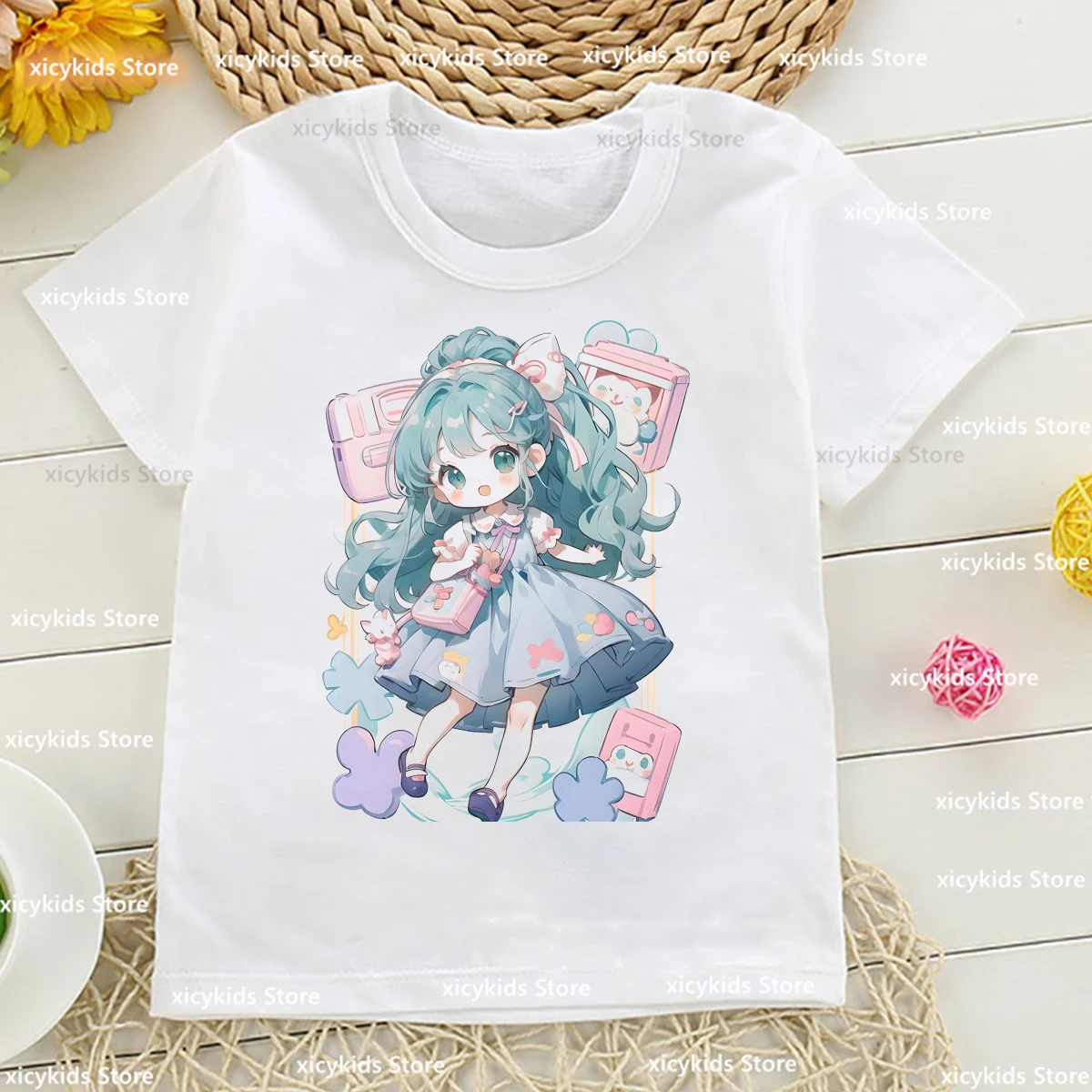 Fashionab-T-shirt à manches courtes et col rond pour fille, vêtement tendance décontracté avec imprimé de dessin animé magique