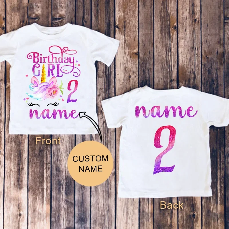 Girls Unicorn Birthday T-shirt Back Print Birthday Party Shirt Girl Shirt Custom Name Shirt Toddler Baby 3rd Kids Summer Tee 8st