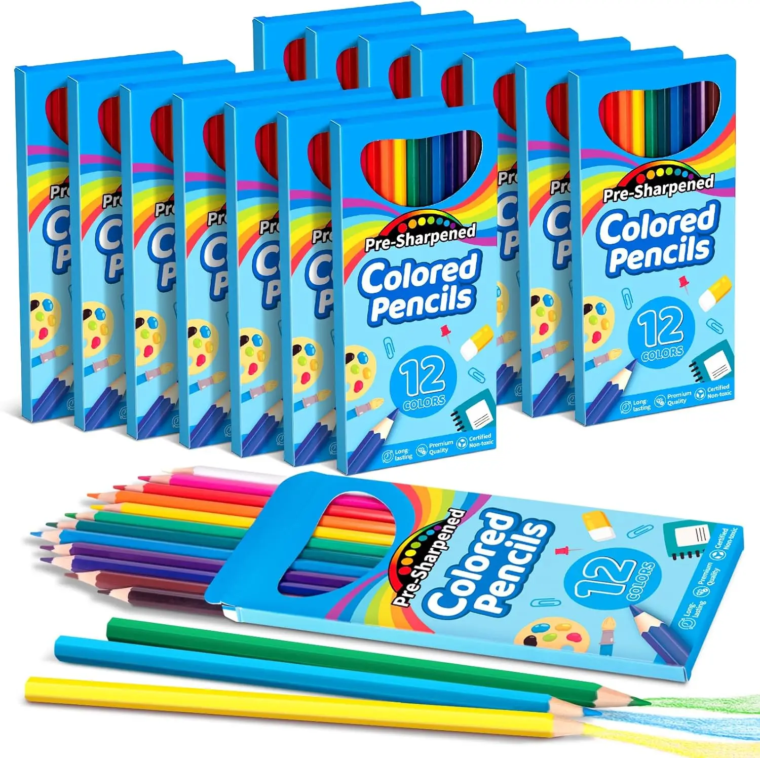 

168 Count Colored Pencils for Kids, 14 Pack Bulk in 12 Colors, Pre-sharpened Ideal School Supplies & Classroom Prizes