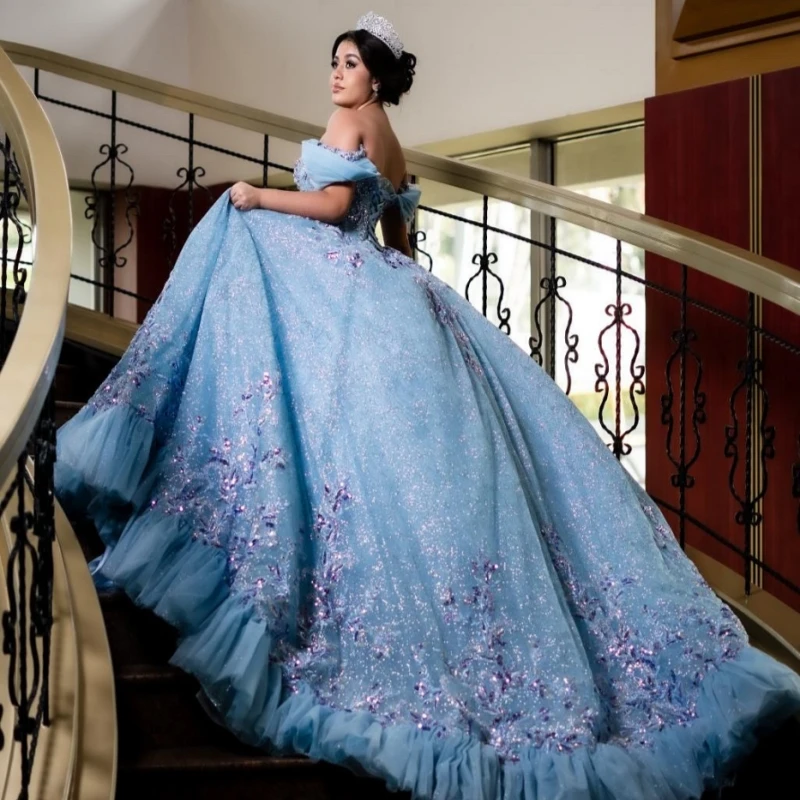 

Blue Shiny Ball Gown Quinceanera Dresses Off The Shoulder Applique Lace Beading Tiered Tull Party Birthday Sweet 16 Dress Vestid
