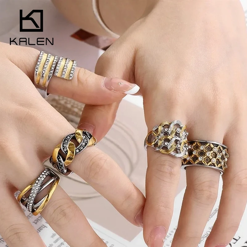 KALEN Personality Two Tone Three Line Rings Women Full Paved CZ Sparkling Female Wedding Bands Rings Modern Fashion New Jewelry