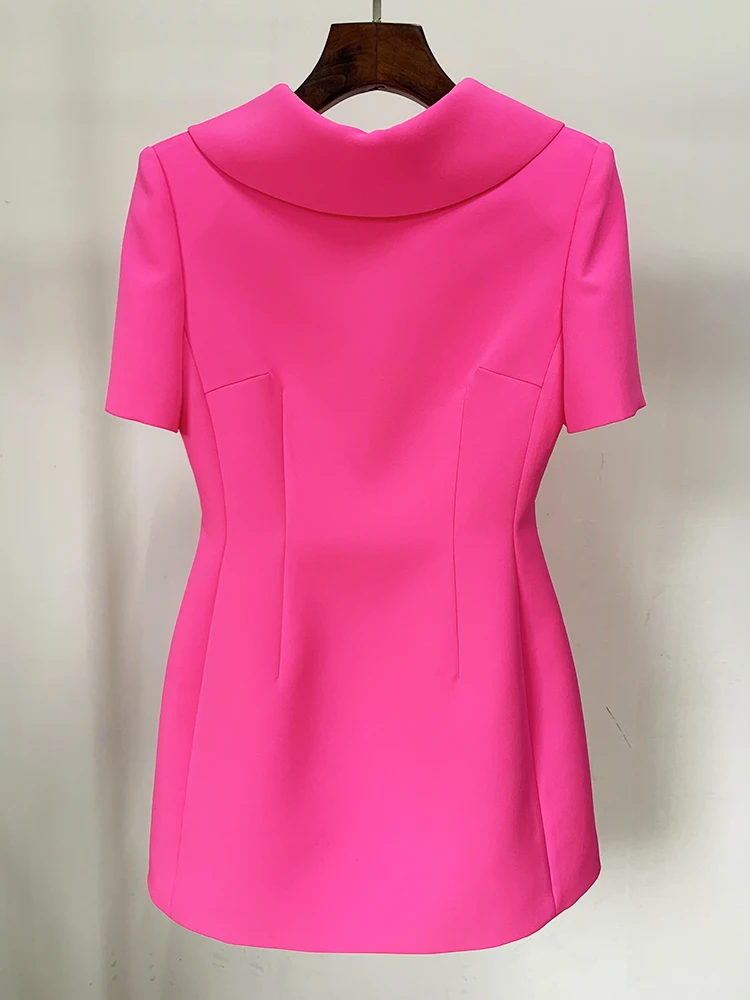 HIGH STREET Newest Fashion 2024 Designer Women's  Elegant Short Sleeve Back V Bow Dress Hot Pink