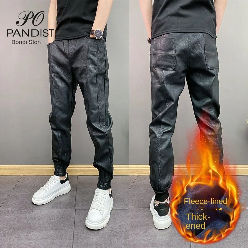 Pantalones casuales de cintura elástica para hombres, pantalones de cuero Pu negro a prueba de viento y calor cálido, moda de otoño e invierno