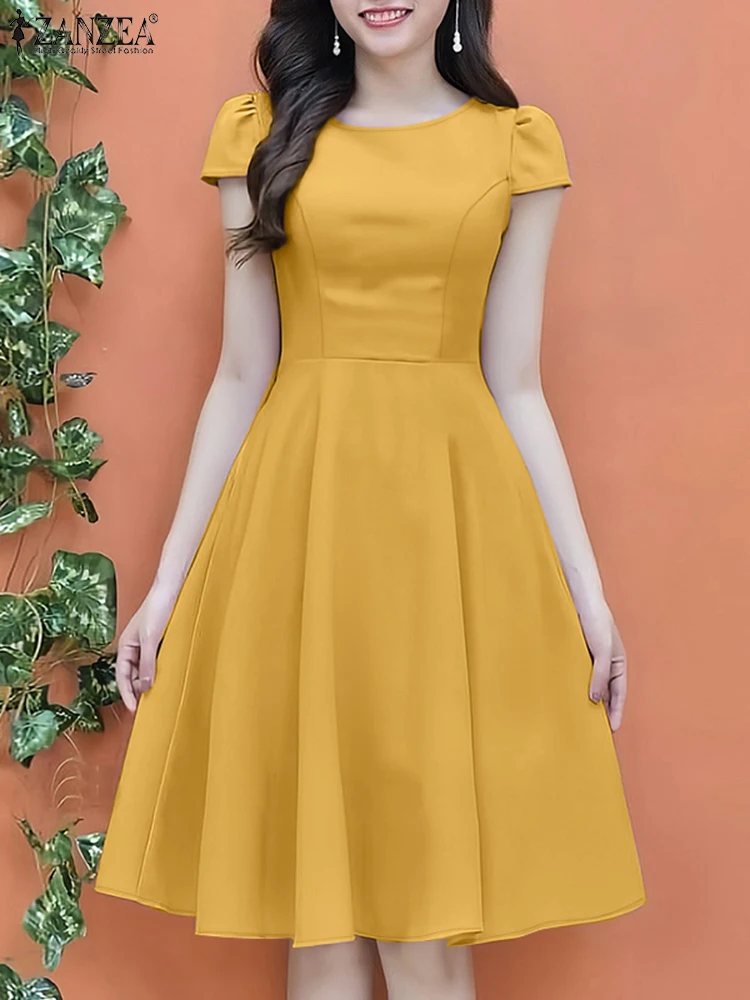 ZANZEA Casual Frau Vestidos Mode Kurze Flügel Hülse O-ansatz Hohe Taille Knielangen Kleider 2025, Sommer Elegante A-linie Roben