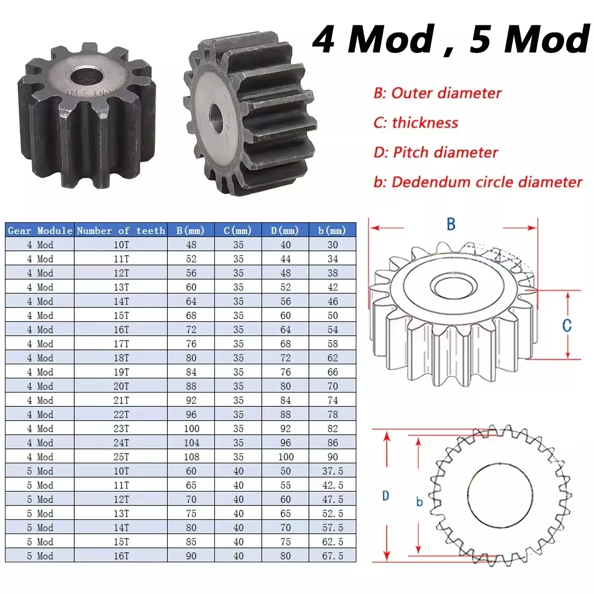 4 تعديل حفز التروس شقة C45 الصلب التروس موتور التروس الخام 10/11/12/1/14/15/16/17/18/19/20 الأسنان ل 3D CNC سمك 35 مللي متر