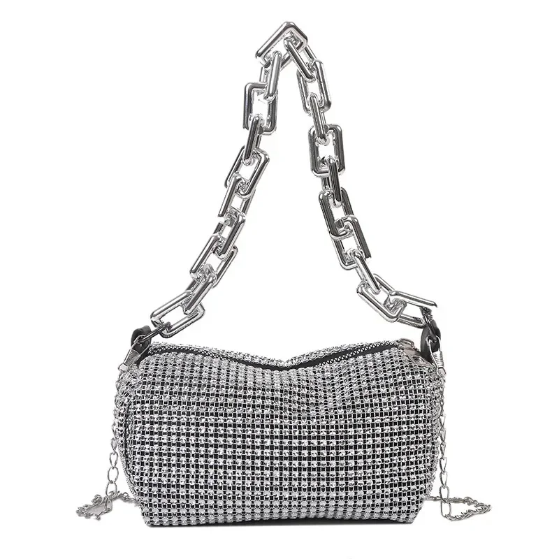 Nuova borsa a secchiello con strass Allover Tote con catena glitterata Borsa da ballo Mini piccola borsa a tracolla quadrata da donna