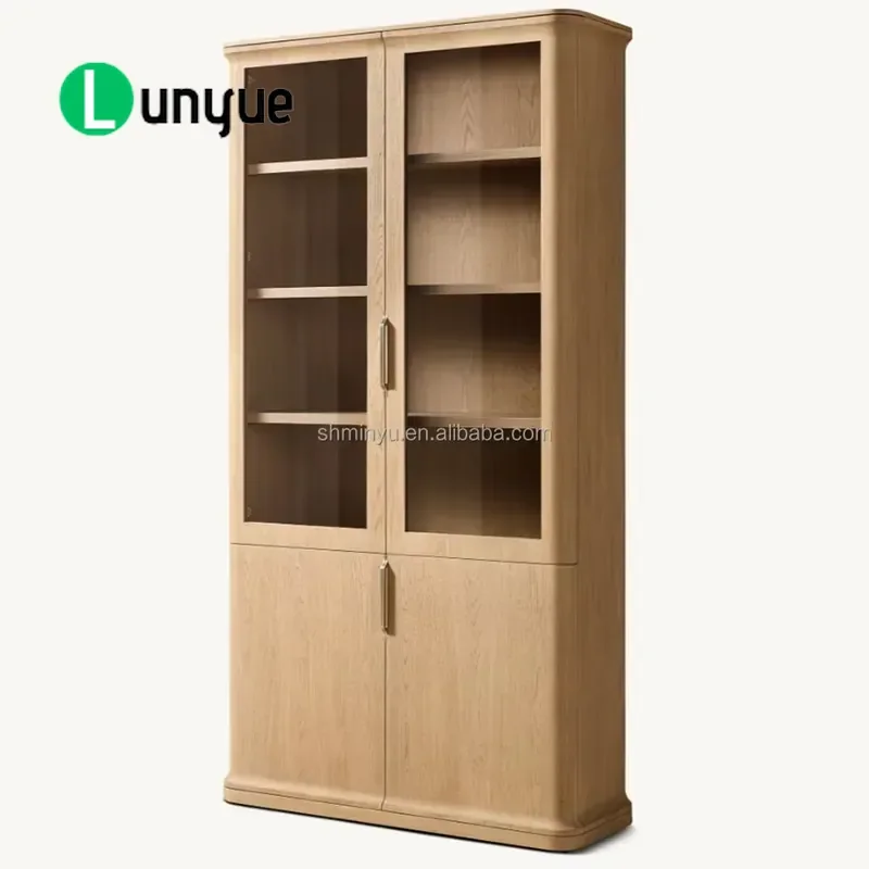 French Solid Wood Sideboard Double Door Glass Cabinet Elegant Storage Furniture for Living Room Kitchen Home Decor