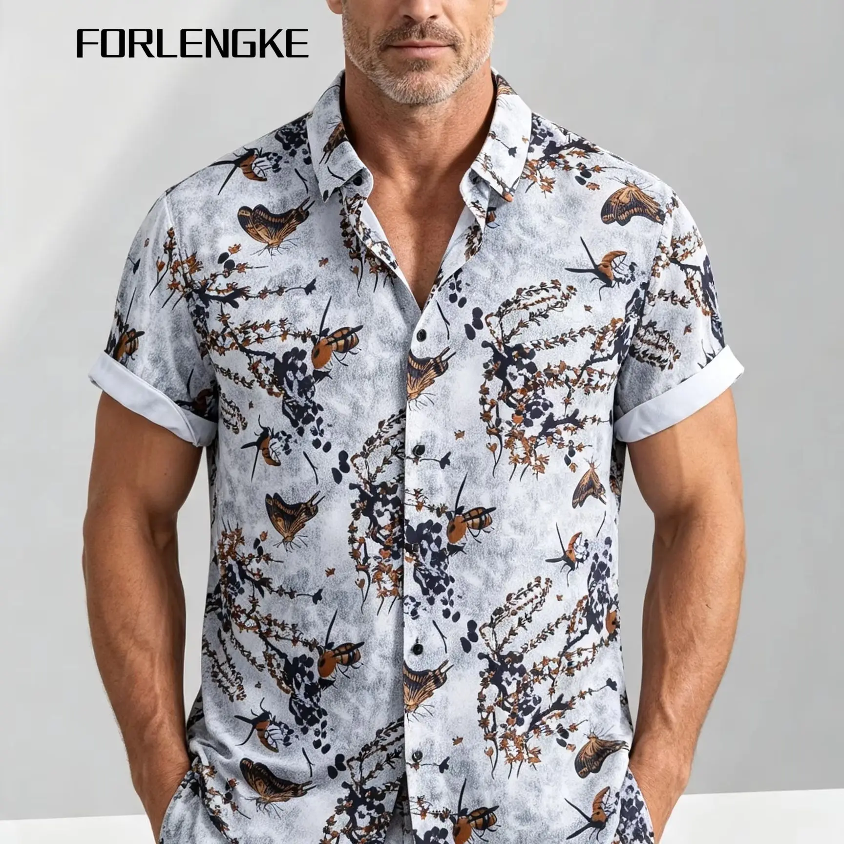 FORLENGKE Men Casual Butterfly Print Short Sleeve Shirt, Soft Breathable Loose Button Down Blouse For Summer Vacation Beach Dail