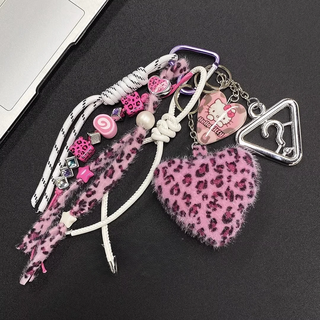 مرحبا كيتي المفاتيح اليدوية حقيبة قلادة ليوبارد القلب أفخم دمية على ظهره سماعة حقيبة اكسسوارات الديكور للنساء الفتيات