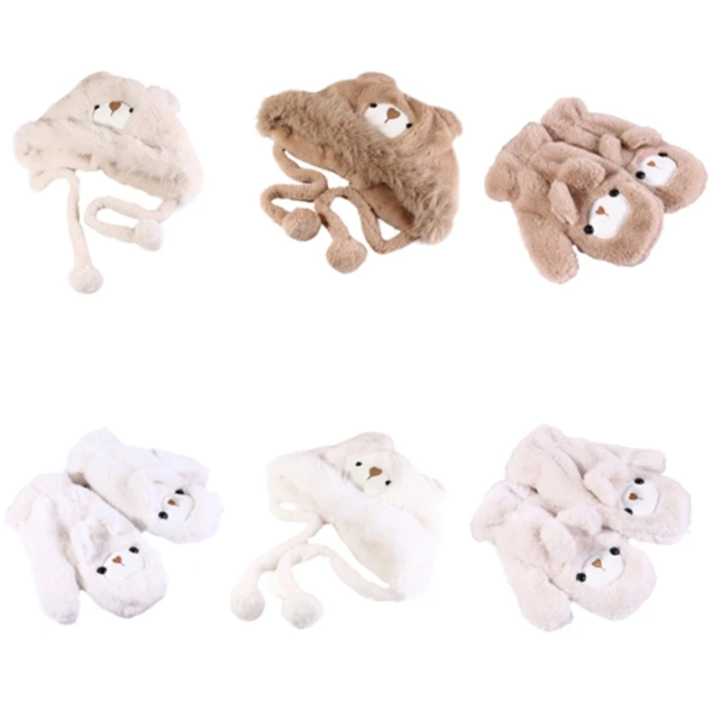 Furry Gloves Head Wrap Furry Bear Soft Thicken Hood for Women Outdoor Wear