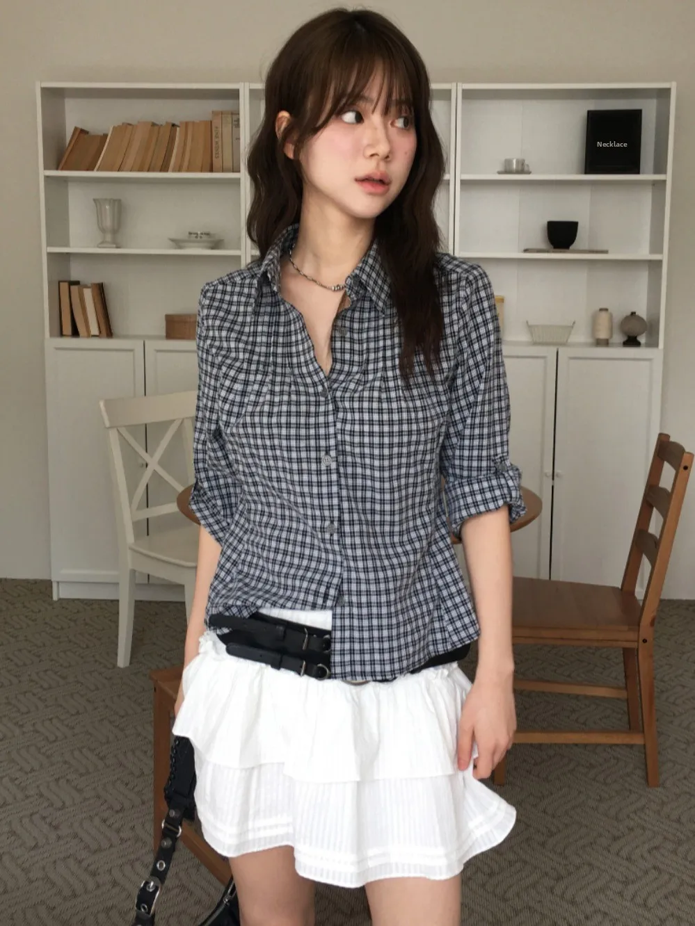 Retro American Blue Plaid ort Sve Long irt Women's Spicy Girl Feel Top Autumn Winter Faion Ladies' Premium Sweater