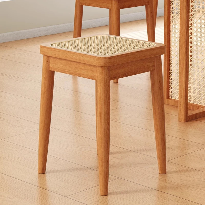 Solid Wood Rattan Breathable Square Stool Home Used Dining Chairs Restaurants Dining Table Chairs Stacked High Spare Chairs